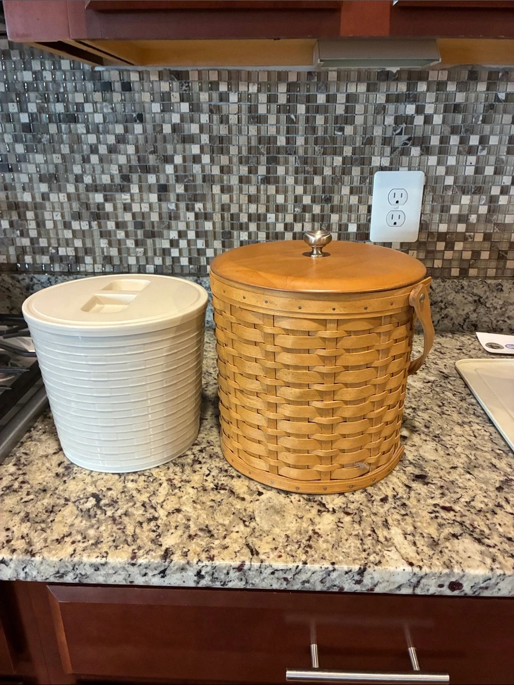 Longaberger Tan Woven Ice Bucket with Wooden Lid